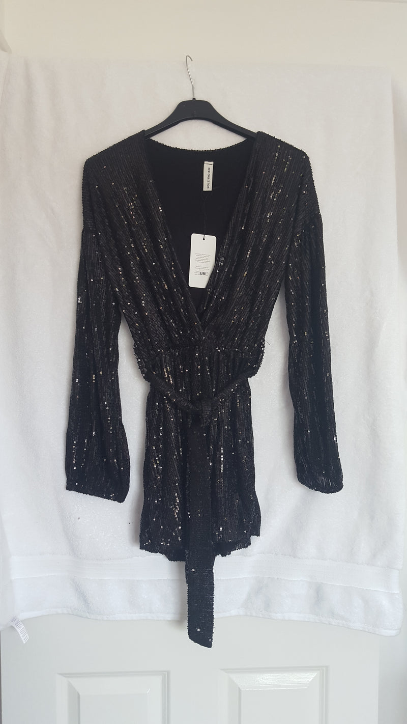 Black Sequin Deep Plunge Playsuit