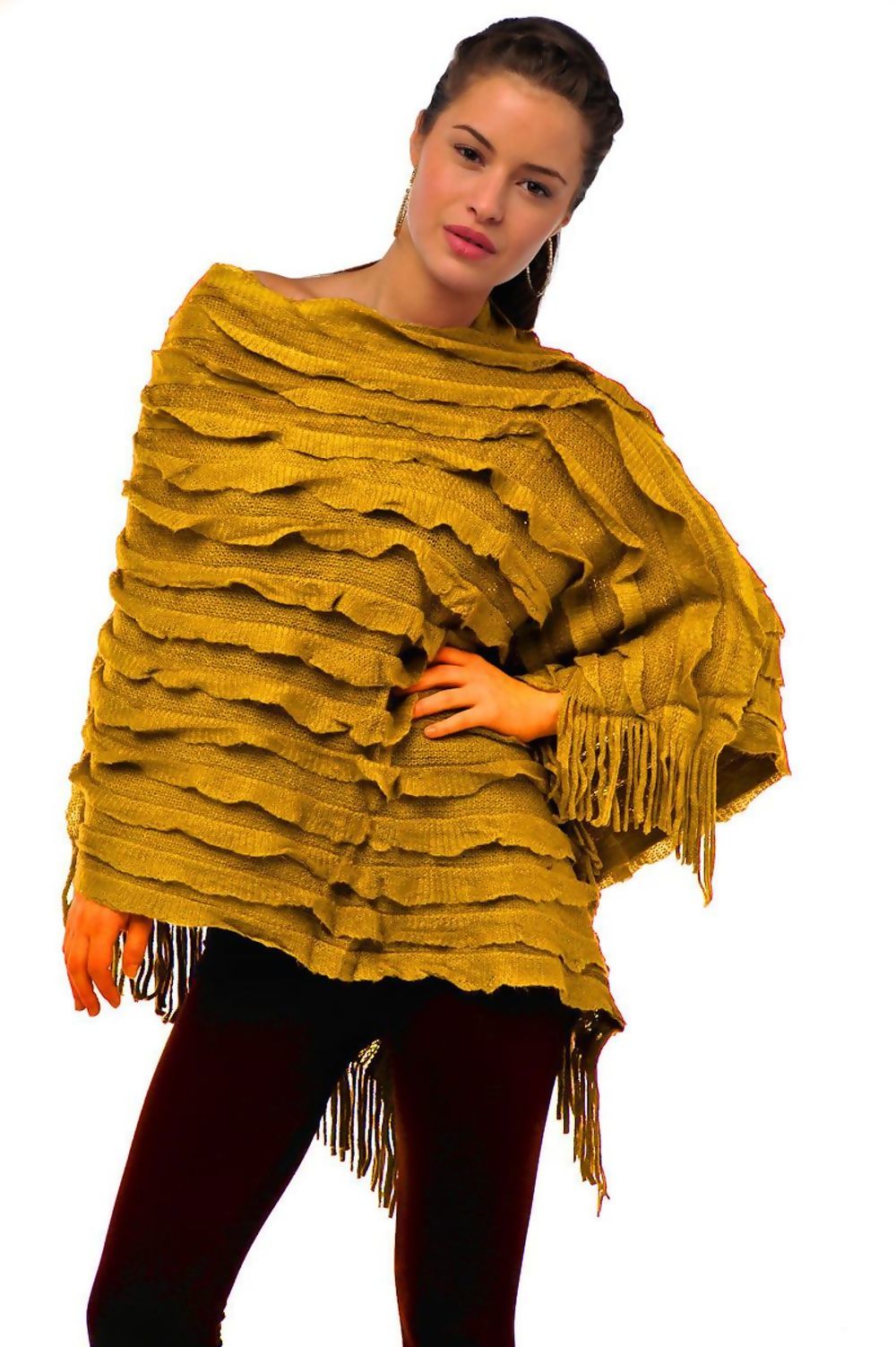 Ladies mustard tassel ruffle poncho