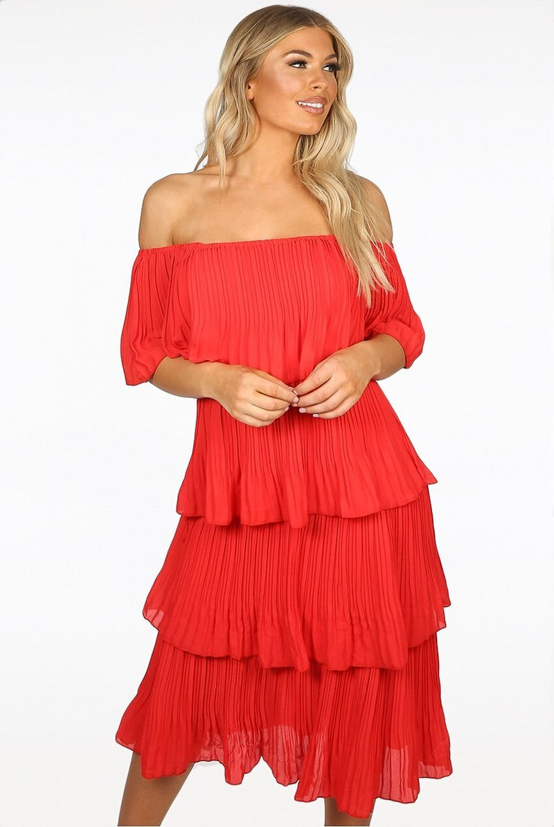 Coral Tier Hem Off The Shoulder Dress