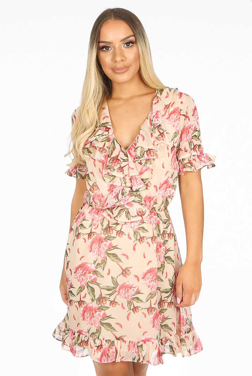 Ladies beige floral frilled skater dress