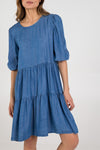 Ladies blue denim tiered smock dress