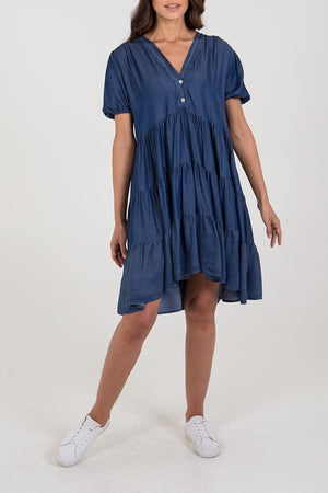 Ladies blue denim tiered smock dress