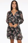 Ladies black floral print waist wrap dress