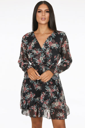 Ladies black floral print waist wrap dress