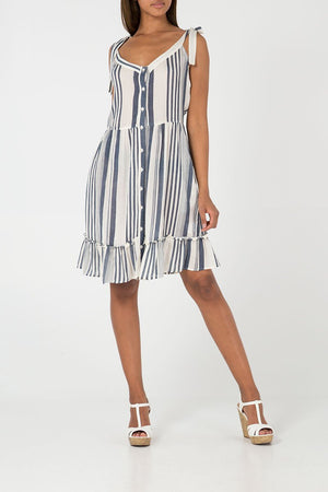 Ladies navy and white tie shoulder stripey dress