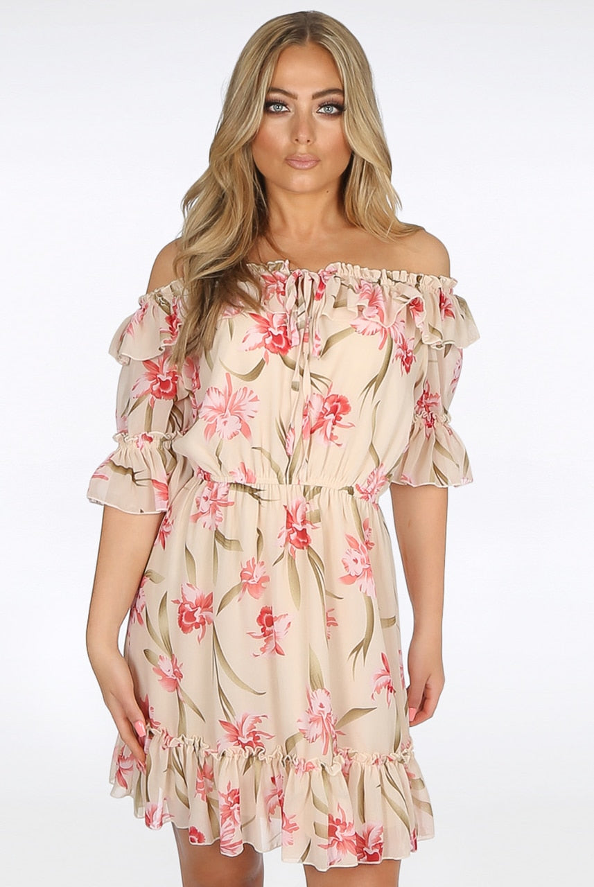 Ladies beige floral off the shoulder skater dress