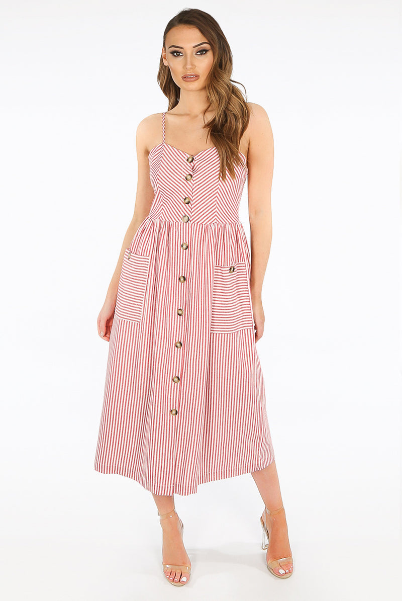 Ladies red and white stripey button down midi dress