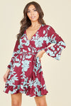 Ladies blue and burgandy ruffle hem wrap dress