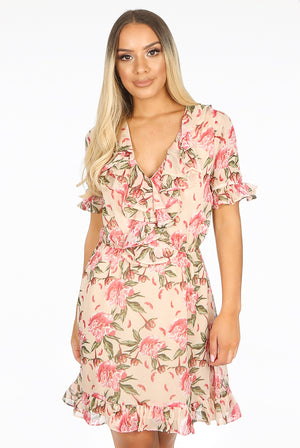 Ladies beige floral frilled skater dress