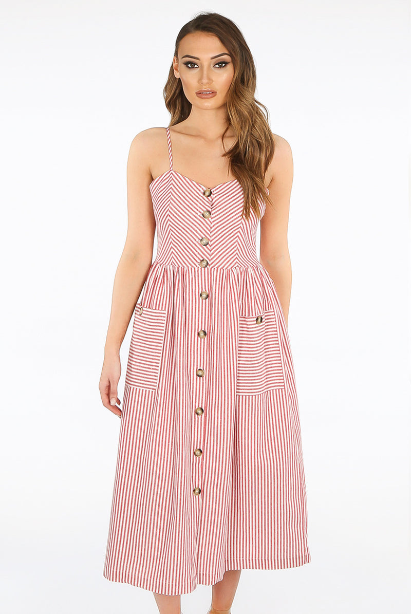 Ladies red and white stripey button down midi dress