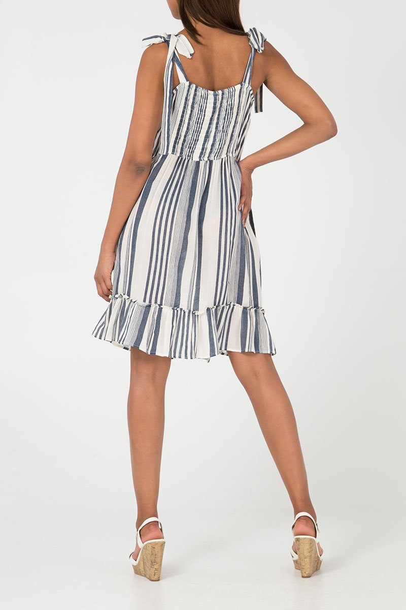 Ladies navy and white tie shoulder stripey dress