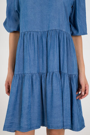 Ladies blue denim tiered smock dress