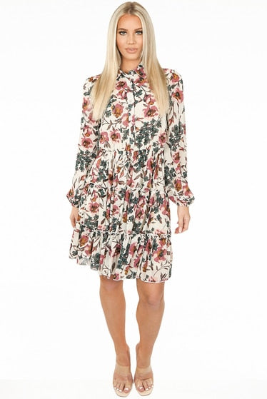 Ladies cream floral contrast button up dress