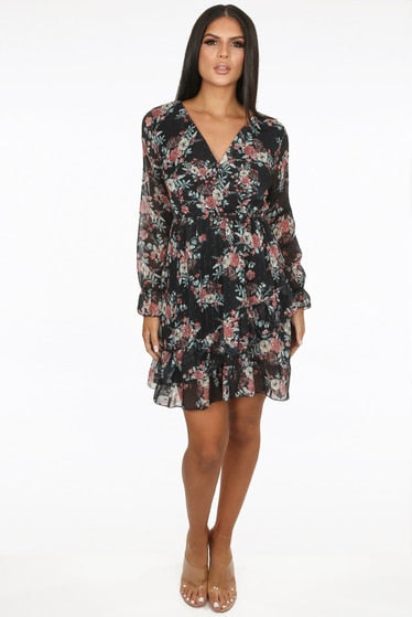 Ladies black floral print waist wrap dress