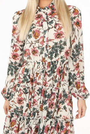 Ladies cream floral contrast button up dress