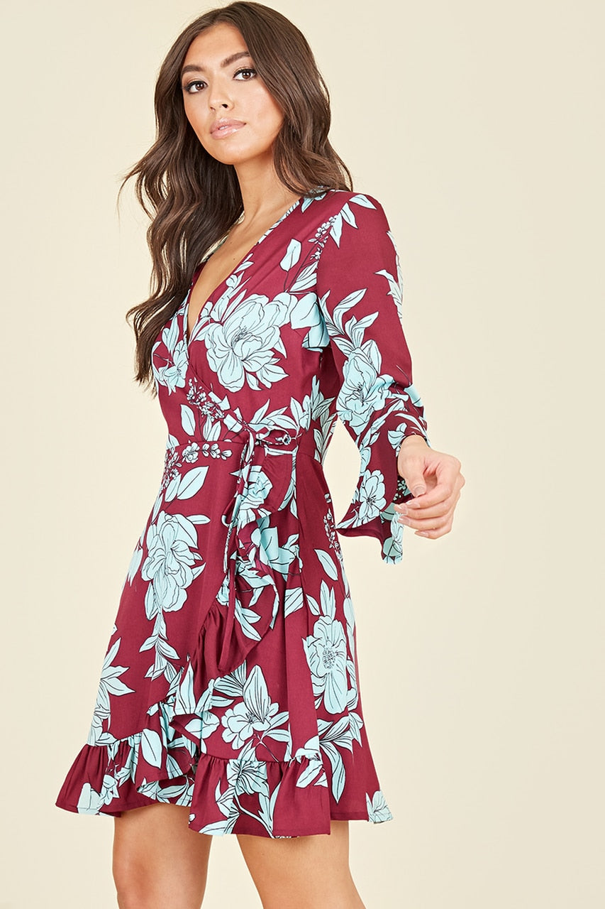 Ladies blue and burgandy ruffle hem wrap dress