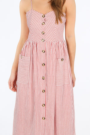 Ladies red and white stripey button down midi dress