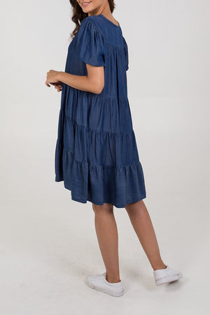 Ladies blue denim tiered smock dress