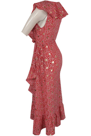 Ladies red floral print trim midi dress