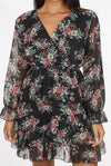 Ladies black floral print waist wrap dress