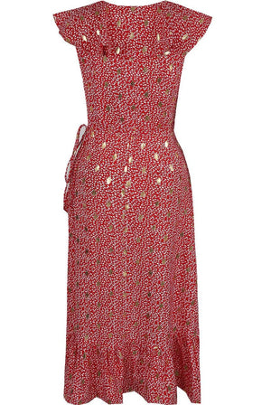 Ladies red floral print trim midi dress