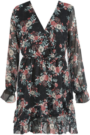 Ladies black floral print waist wrap dress