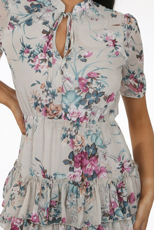 Ladies cream floral chiffon tie neck dress