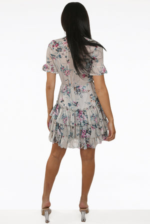 Ladies cream floral chiffon tie neck dress