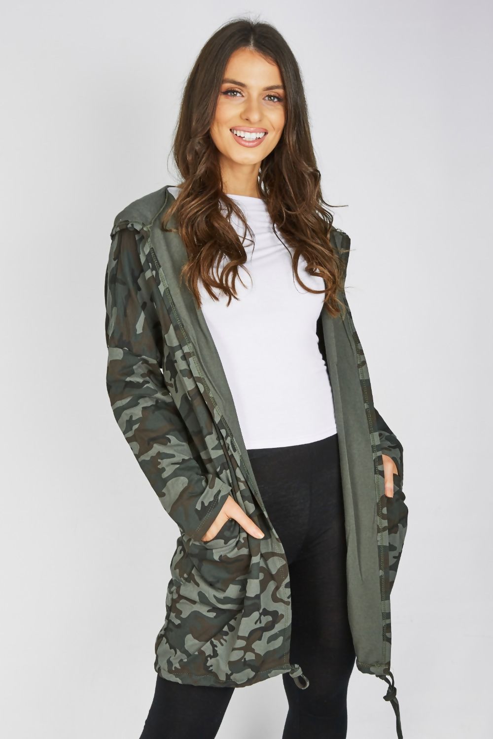 Ladies Khaki Sequin Hooded Cardigan