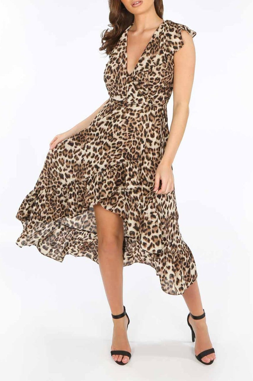 Ladies brown leopard midi wrap dress