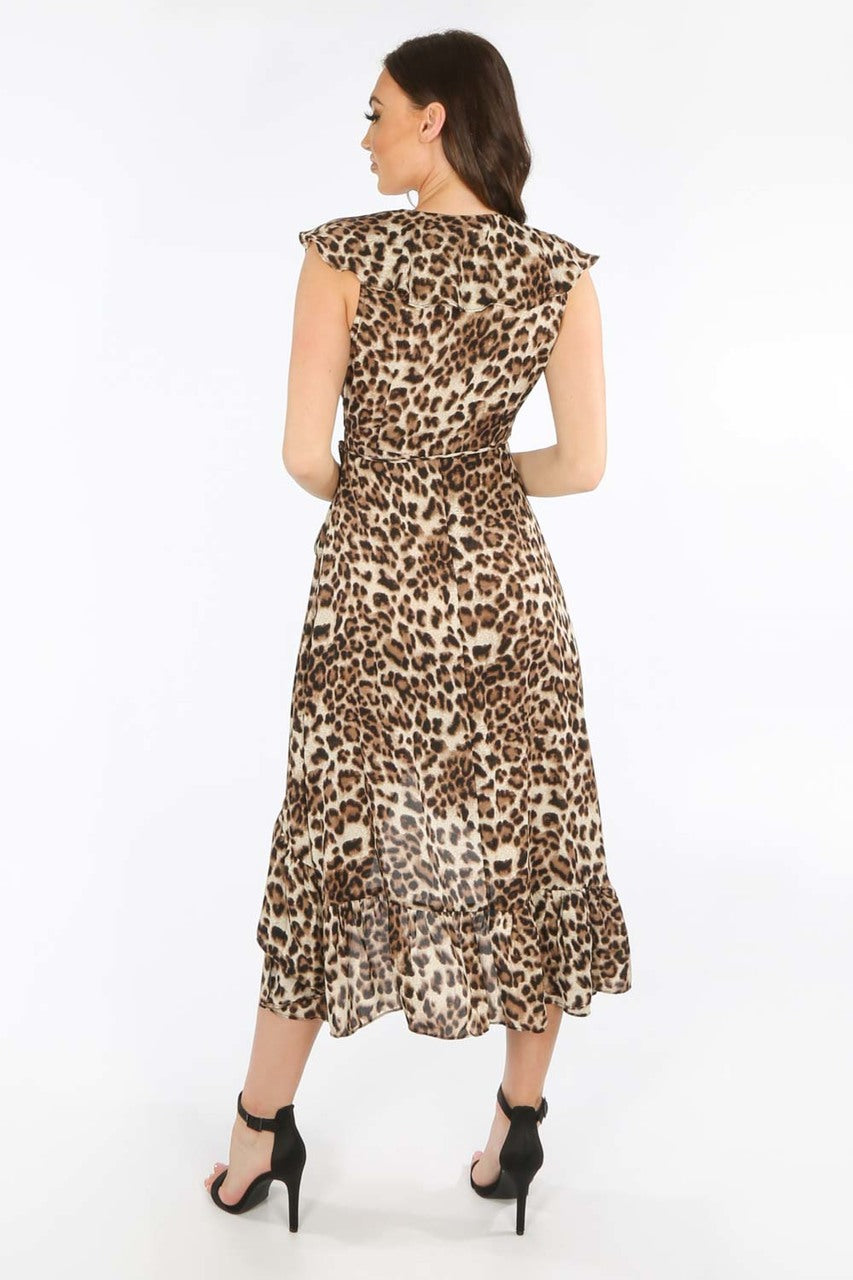 Ladies brown leopard midi wrap dress