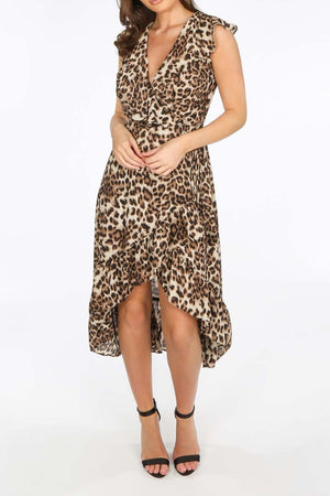 Ladies brown leopard midi wrap dress