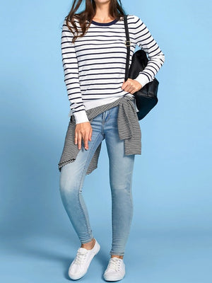 Ladies navy and white stripey knit top