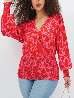 Pink Printed Shirred Wrap Top Blouse