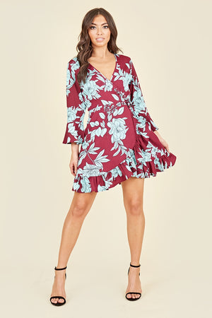 Ladies blue and burgandy ruffle hem wrap dress