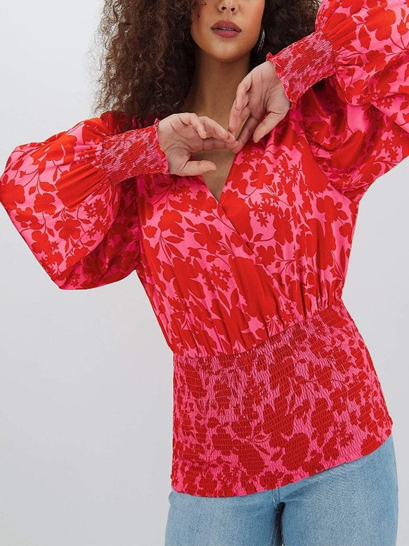 Pink Printed Shirred Wrap Top Blouse