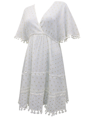 Monsoon White Organic Cotton Metallic Palm Print Kaftan Dress