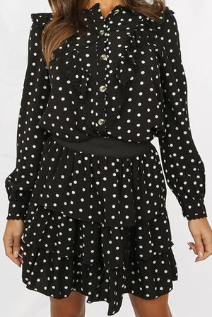 Ladies black polka dot lace top and mini skirt set