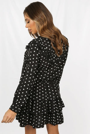 Ladies black polka dot lace top and mini skirt set