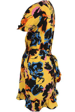 Ladies yellow floral frill hem dress