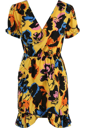 Ladies yellow floral frill hem dress