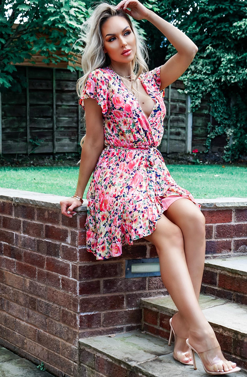 Ladies pink floral wrap dress