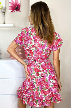 Ladies pink floral wrap dress