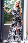 Ladies black palm print leaf jumpsuit