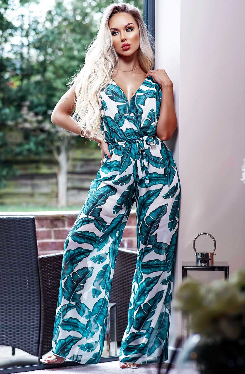 Ladies green palm leaf print jumpsuit