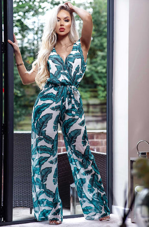 Ladies green palm leaf print jumpsuit