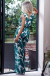 Ladies green palm leaf print jumpsuit