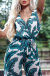 Ladies green palm leaf print jumpsuit