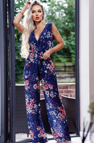 Ladies navy floral chiffon jumpsuit