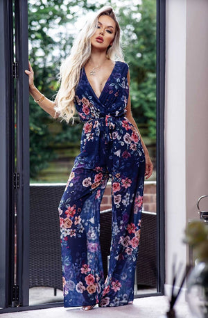 Ladies navy floral chiffon jumpsuit